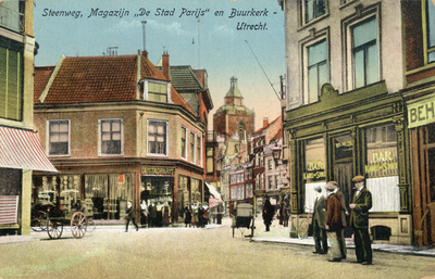 711458 Ingekleurde reclameprentbriefkaart van Magazijn ‘De Stad Parijs’, [Steenweg 69] te Utrecht.